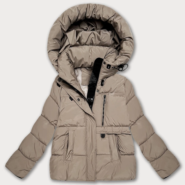 Puchowa luźna kurtka damska z kapturem S'West ciemny beżowy (B8529-12)