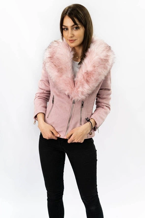 Zamszowa ramoneska damska z futerkiem pudrowy róż (6502)