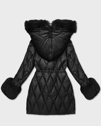 Kurtka z futrzanym kapturem tworzącym kołnierz czarna (T3-2635#-1)