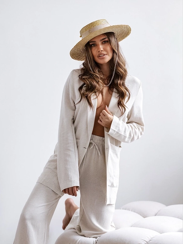 Damski garnitur z lnem beżowy (VE48)