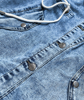 DŁUGA JEANSOWA DAMSKA KURTKA Z KAPTUREM (POP7010-K)