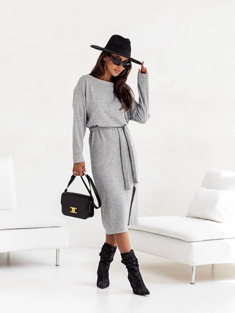 Elegancka sukienka midi z paskiem szara (82137)