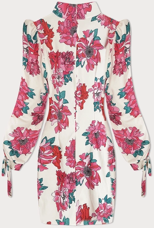 Krótka sukienka ze stójką kwiaty ecru-róż (A1080)