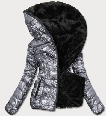 KRÓTKA BŁYSZCZĄCA DWUSTRONNA KURTKA DAMSKA SREBRNA (B9542)
