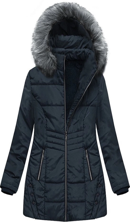 DŁUŻSZA PIKOWANA KURTKA DAMSKA Z KAPTUREM GRANATOWA (B2625-30)