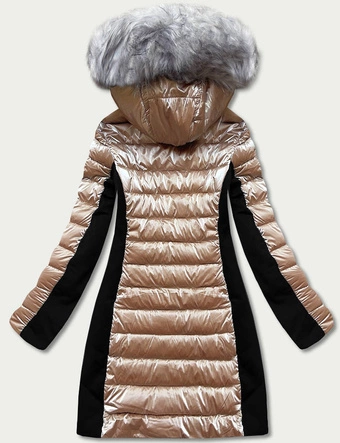 Zimowa kurtka damska z łączonych materiałów beżowa (dk067-95)