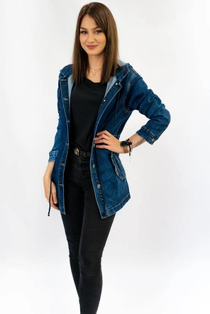 DŁUGA JEANSOWA DAMSKA KURTKA Z KAPTUREM (5681-K)