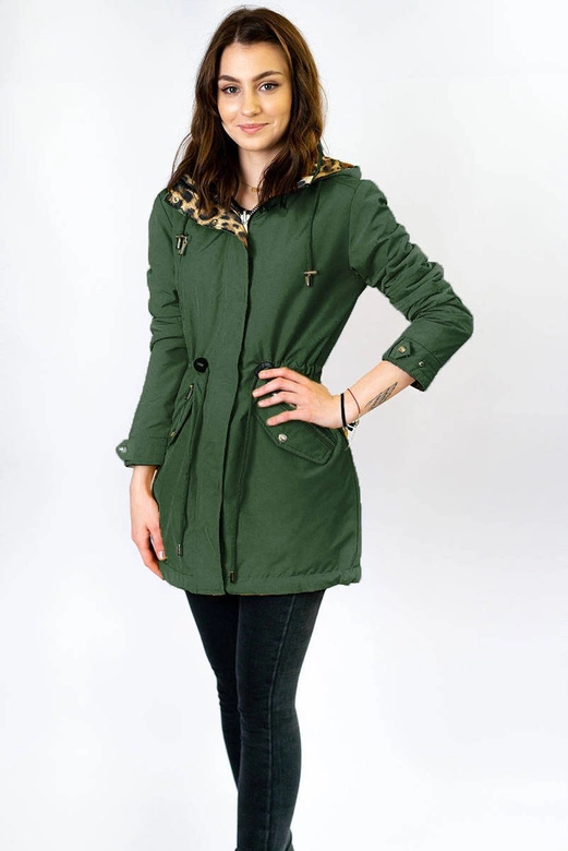 DWUSTRONNA PARKA DAMSKA Z KAPTUREM KHAKI-PANTERKA (W354)
