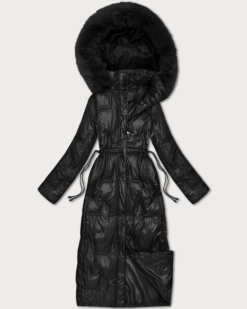 Długa pikowana damska kurtka zimowa czarna (T2-2221#-1)