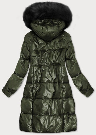 Damska metaliczna kurtka zimowa z kapturem khaki (8295)