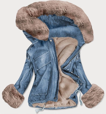 DAMSKA KURTKA JEANSOWA Z FUTRZANĄ PODPINKĄ NIEBIESKO - BEŻOWA (9023#)