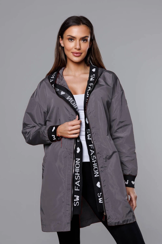 Cienka kurtka damska z ozdobną lamówką ciemny szary (B8145-9)