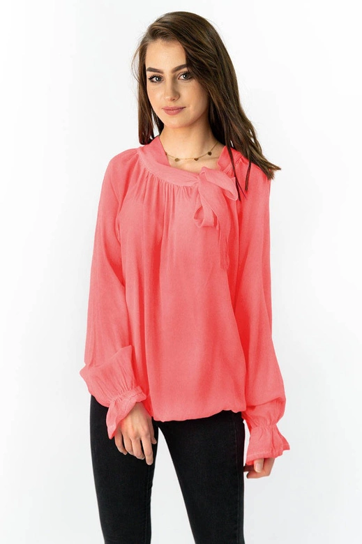 BAWEŁNIANA BLUZKA Z WIĄZANĄ STÓJKĄ NEONOWY KORAL (298ART)