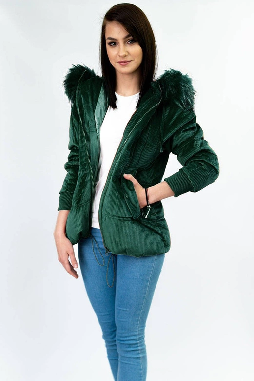 Sztruksowa damska kurtka z kapturem ciemnozielona (7696)