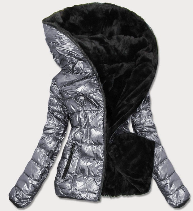 KRÓTKA BŁYSZCZĄCA DWUSTRONNA KURTKA DAMSKA SREBRNA (B9542)