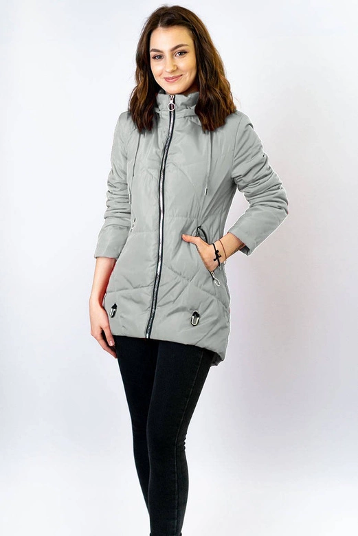 CIENKA KURTKA DAMSKA Z ASYMETRYCZNYM DOŁEM SZARA (B9532)