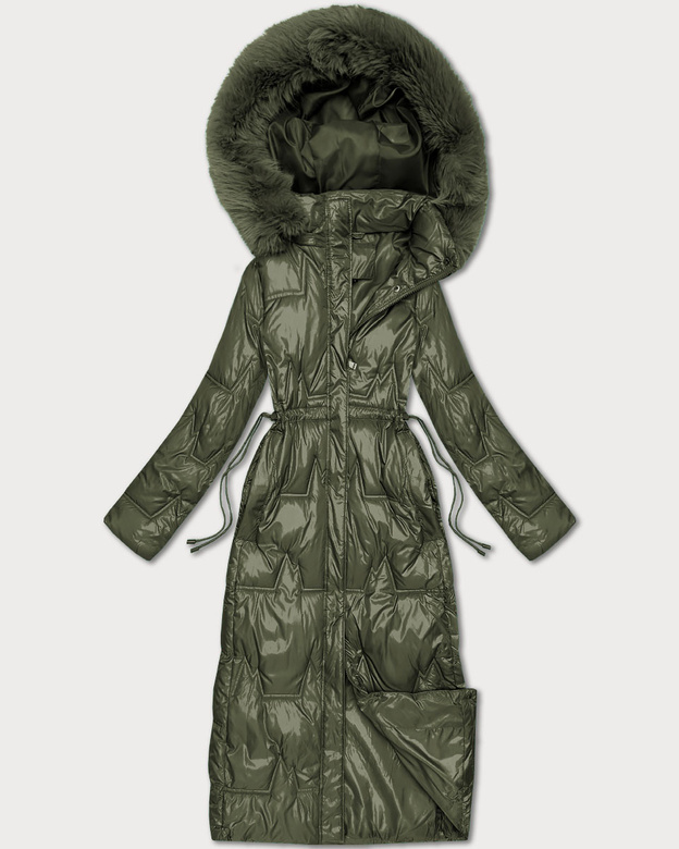 Długa pikowana damska kurtka zimowa khaki (T2-2221#-22)