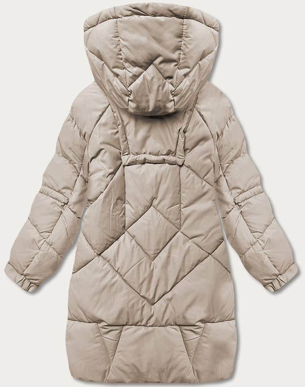 Puchowa kurtka damska z ozdobnymi taśmami camel (AG2-J85)
