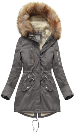 BAWEŁNIANA PARKA NA KOŻUSZKU STALOWA (B1303)