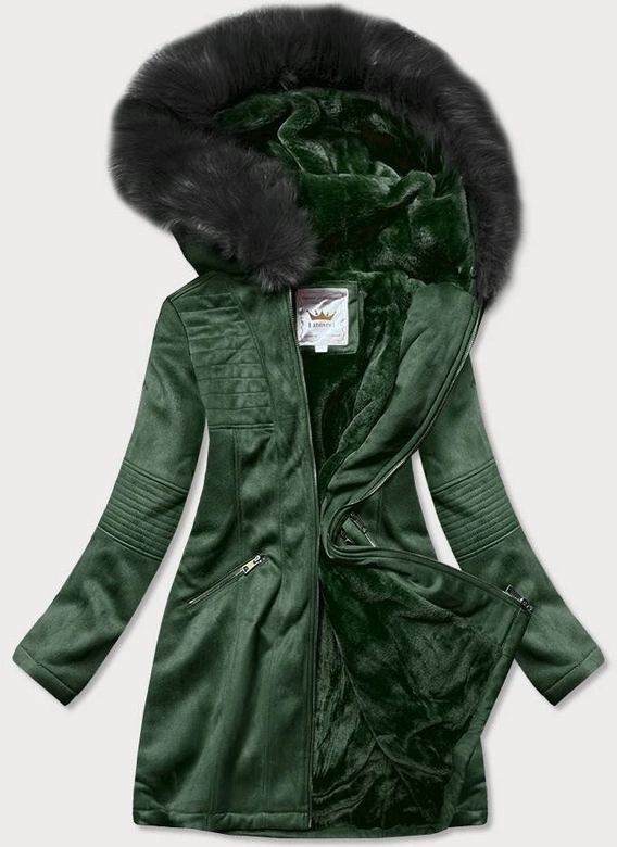 ZAMSZOWA DAMSKA KURTKA ZIMOWA Z KAPTUREM BUTELKOWA ZIELEŃ (6516)