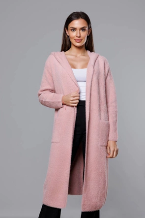 Długa wełniana narzutka alpaka z kapturem blady róż (M105-1)