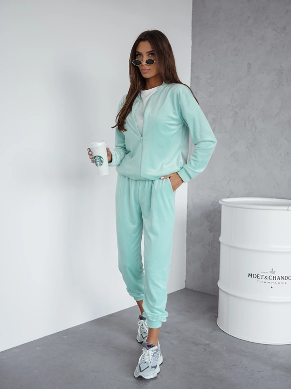 Welurowy komplet damski z rozpinaną bluzą miętowy (768)