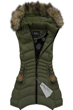 PIKOWANA KURTKA BEZRĘKAWNIK Z KAPTUREM KHAKI (W822)