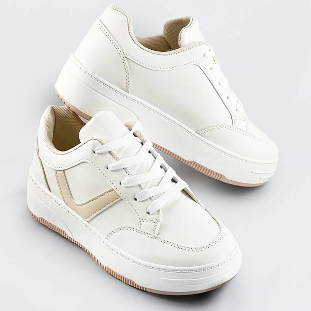Sznurowane buty sportowe damskie biało-beżowe (s070)