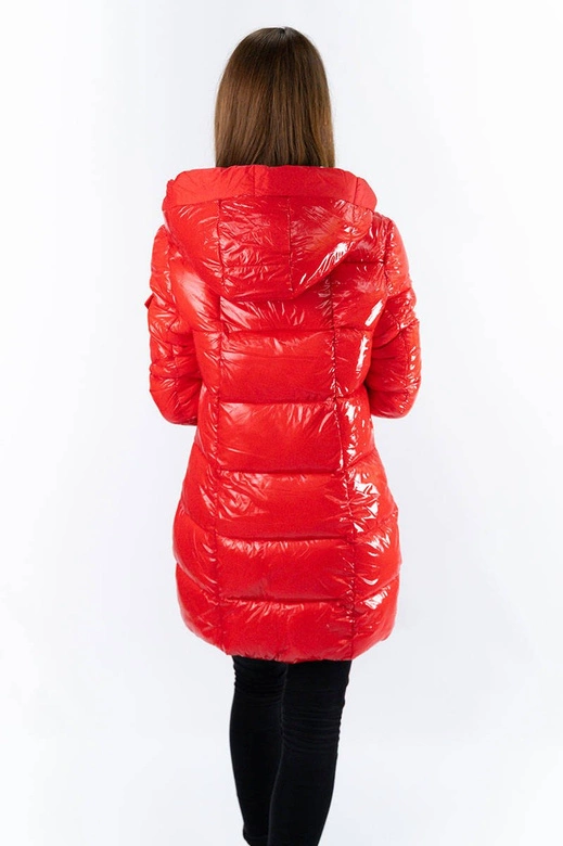 BŁYSZCZĄCA ZIMOWA KURTKA DAMSKA CZERWONO-SZARA (R9545)