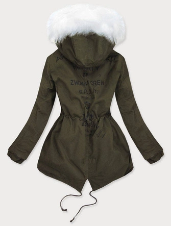 KURTKA PARKA DAMSKA ZIMOWA KHAKI-BIAŁA (613)