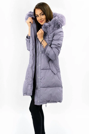 Długa damska kurtka zimowa z kapturem wrzosowa (7752)