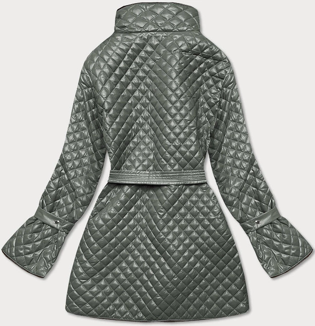 Pikowana kurtka damska z paskiem szarozielona (7262)