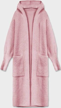 Długa wełniana narzutka alpaka z kapturem blady róż (M105)