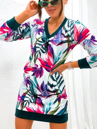 Welurowa sukienka w liście zielony/róż (8268)