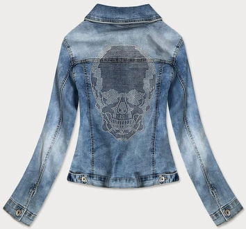 KRÓTKA DAMSKA KURTKA JEANSOWA Z CYRKONIAMI NIEBIESKA (GD6657-K)