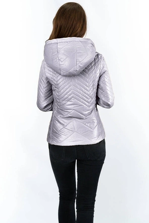 Krótka pikowana kurtka damska z kapturem szara (b9566)