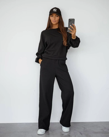 Waflowy komplet damski bluza + spodnie czarny (821108)