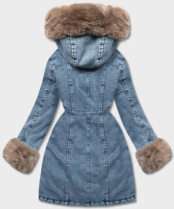 Damska kurtka jeansowa na futrzanej podszewce niebieski/beżowy (B8068-50012)