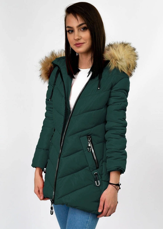 ZIMOWA PIKOWANA KURTKA DAMSKA Z KAPTUREM CIEMNOZIELONA (B2633)