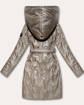 Pikowany płaszcz damski z paskiem S'West beżowy (B8508-12)