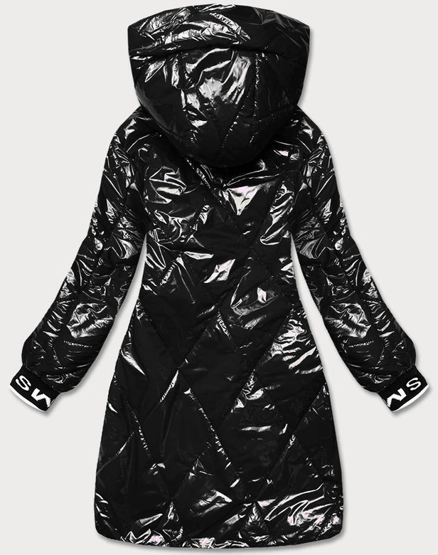 BŁYSZCZĄCA KURTKA DAMSKA ZE ŚCIĄGACZAMI CZARNA (B9792-1)