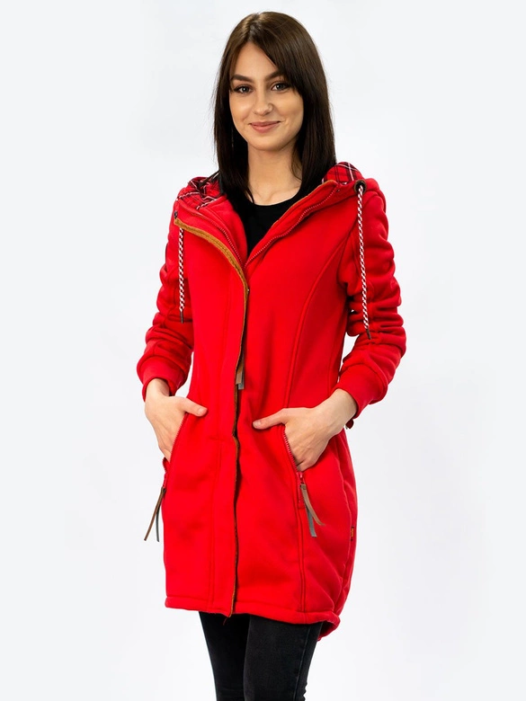 DŁUGA BLUZA DAMSKA Z KAPTUREM CZERWONA (AMG-675)