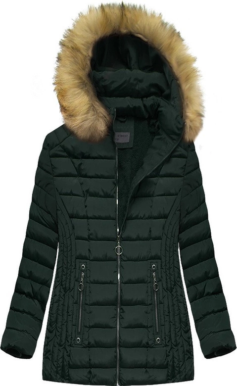 PIKOWANA DAMSKA KURTKA ZIMOWA Z KAPTUREM CIEMNOZIELONA (B2630-30)