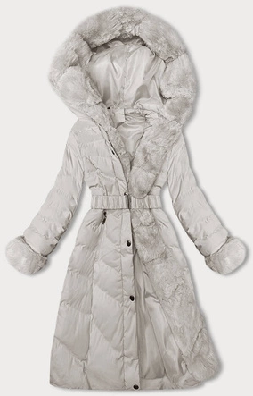 Zimowa kurtka damska z paskiem ecru (5M3156-254)