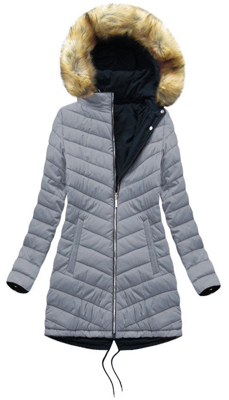 Dwustronna damska kurtka zimowa z kapturem granatowo-szara (w214big)