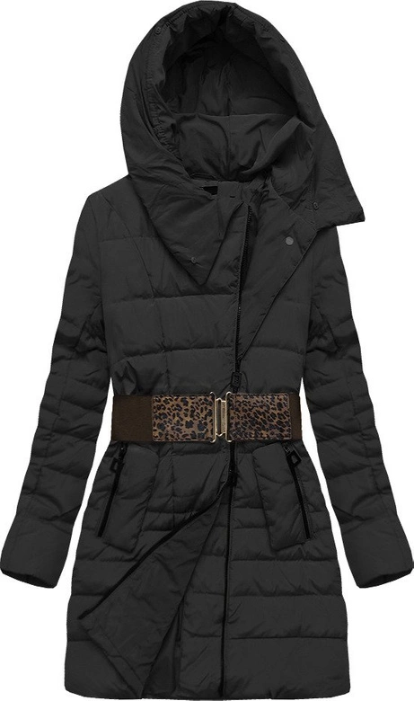 KURTKA Z KAPTUREM I PASKIEM CZARNA (X1213X)