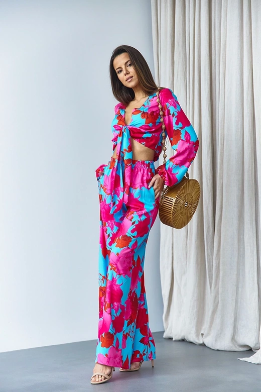 Zestaw wiązana bluzka i szerokie spodnie niebieski (8175)