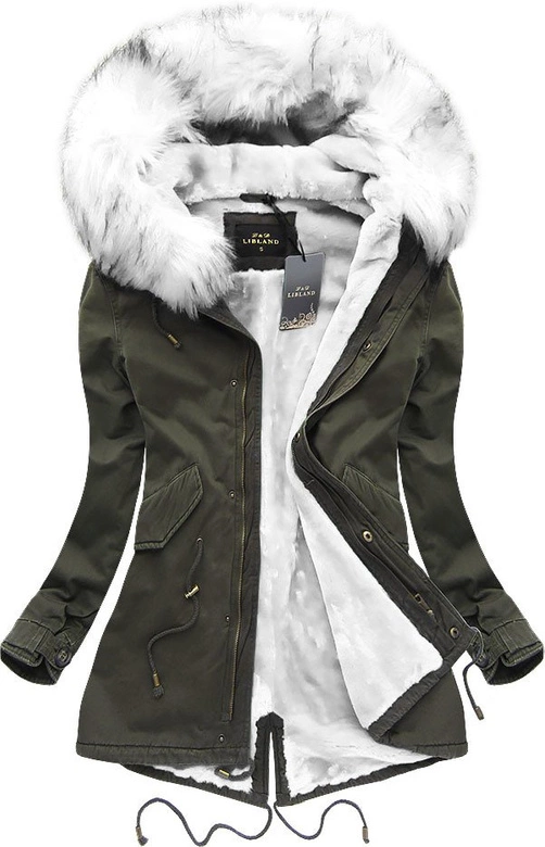 BAWEŁNIANA PARKA ZIMOWA KHAKI-BIAŁA (7599)
