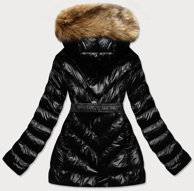 Błyszcząca kurtka zimowa na misiu czarno-brązowa (w673)