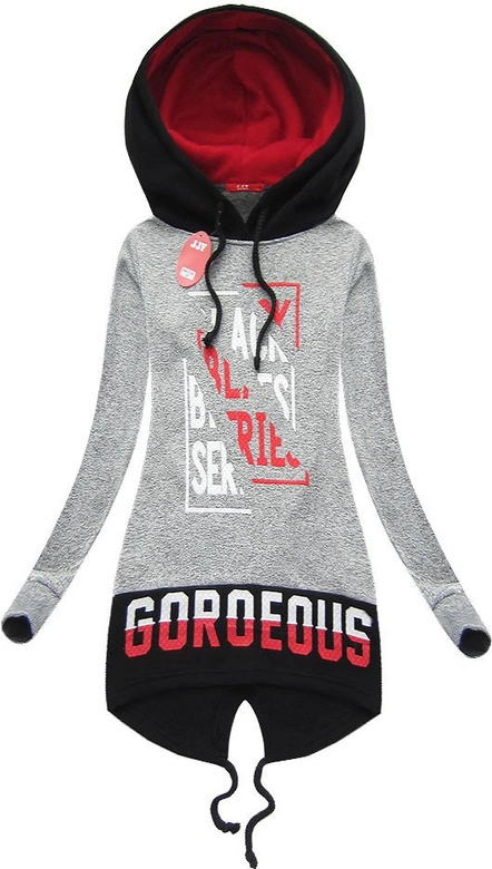 DŁUGA BLUZA Z NADRUKAMI I KAPTUREM JASNOSZARA (X1720X)